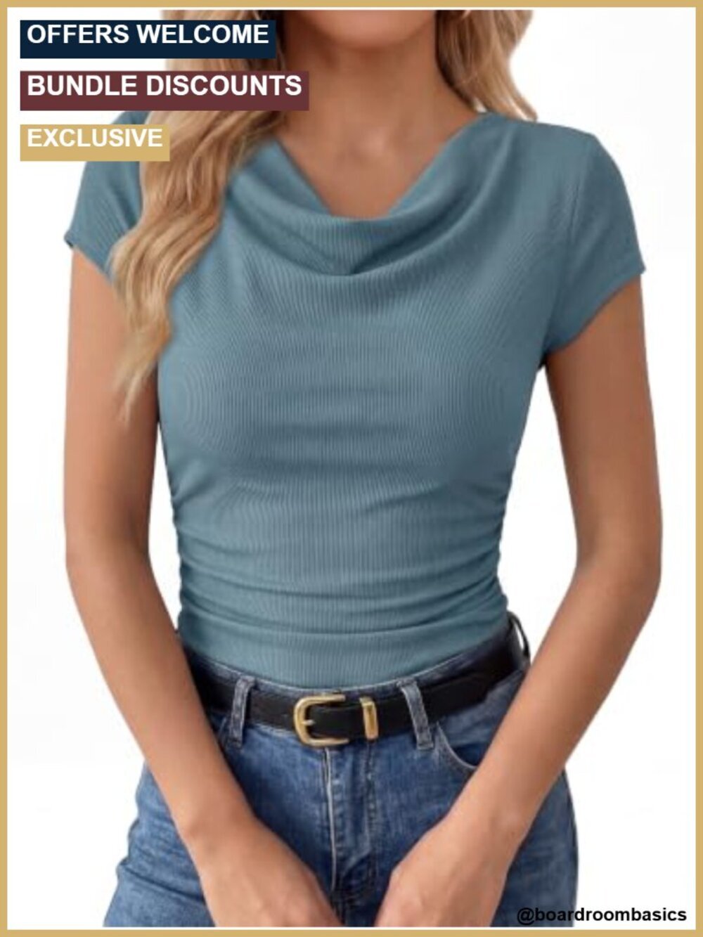 Women's Cowl Neck Short Sleeve Ribbed Knit Top Ruched Fitted Tee